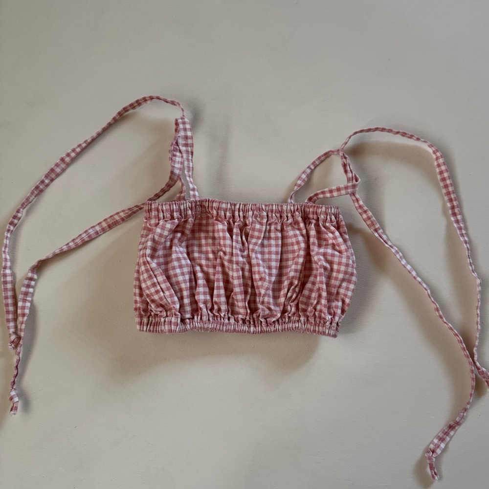 Pink Gingham Tie Strap Ruched Top - Picture 3 of 6